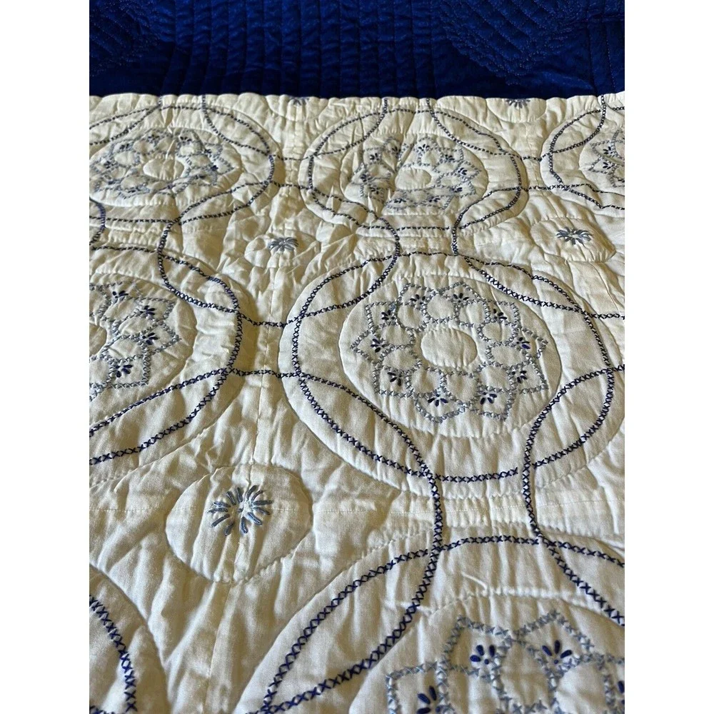 Handmade Lancaster Co PA Blue White Cross Stitch Bedspread wAttached Dust Ruffle